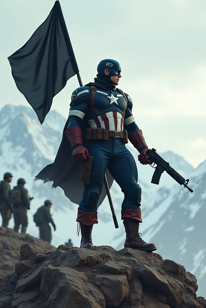 A warrior, wearing captain america suit, who has black Islamic flag in one hand and gun in the other hand. Muscular body, standing on top of a mountain in front of soldiers turning back.