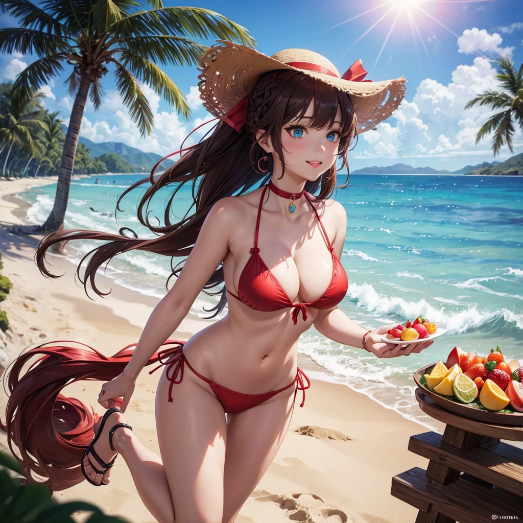 A beautiful girl in a red bikini with a plate of fruit, anime girl, red ruffled bikini, beach, sun, sand, sea, beautiful sky, chopped fruit, coconut tree, beach hat, sandals, crabs and dolphins, big round breasts, dark brown hair, long bangs, braided ponytail, long hair, wavy hair, shiny hair, hairclip, ribbon, sunglasses, anchor choker, aqua eyes, glowing eyes, earrings, blush, tongue, smiley, glossy lips, upper teeth, slim waist, beautiful legs, detailed body, full body, high detail, anime, anime style, depth of field, cinematic lighting, dithering, image fill, multiple views, from above, from below, from behind, from side, perspective, lens flare, Wide-Angle, f/1.8, 85mm, Sony FE GM, 8k, super detail, UHD, retina, masterpiece, accurate, anatomically correct, textured skin, high details, best quality, highres, 16k