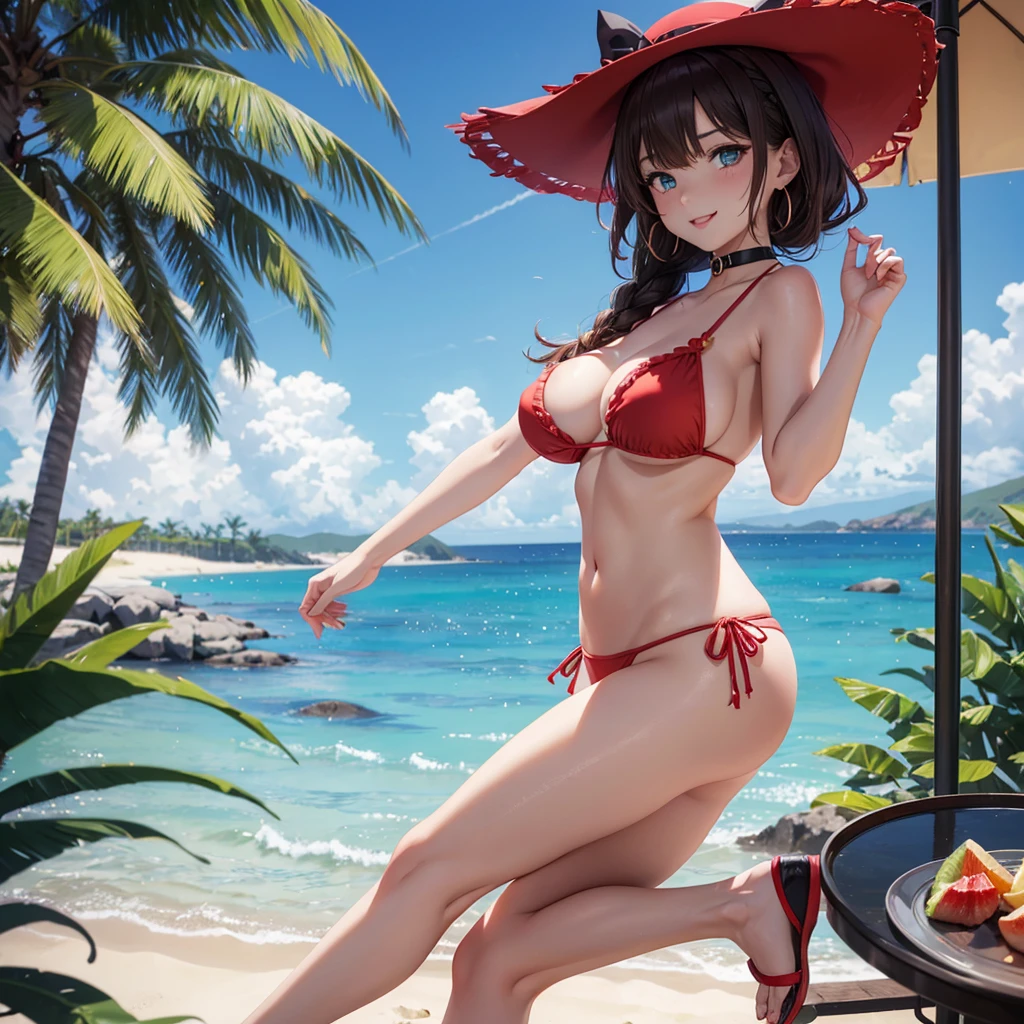 A beautiful girl in a red bikini with a plate of fruit, anime girl, red ruffled bikini, beach, sun, sand, sea, beautiful sky, chopped fruit, coconut tree, beach hat, sandals, crabs and dolphins, big round breasts, dark brown hair, long bangs, braided ponytail, long hair, wavy hair, shiny hair, hairclip, ribbon, sunglasses, anchor choker, aqua eyes, glowing eyes, earrings, blush, tongue, smiley, glossy lips, upper teeth, slim waist, beautiful legs, detailed body, full body, high detail, anime, anime style, depth of field, cinematic lighting, dithering, image fill, multiple views, from above, from below, from behind, from side, perspective, lens flare, Wide-Angle, f/1.8, 85mm, Sony FE GM, 8k, super detail, UHD, retina, masterpiece, accurate, anatomically correct, textured skin, high details, best quality, highres, 16k