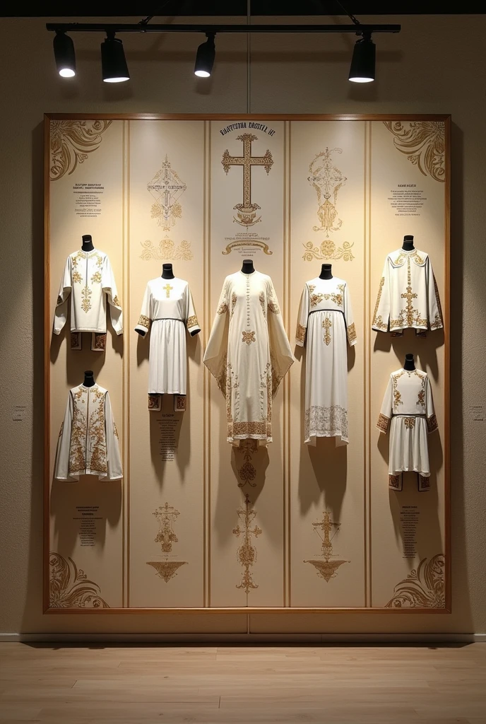 I am doing my thesis on baptism garments actually I made them so now I have to make a display for it or iam confused so help with ideas how display And also I have a 10 different boards of A3 size also adjust them or religious elements also 4 male garments add boards