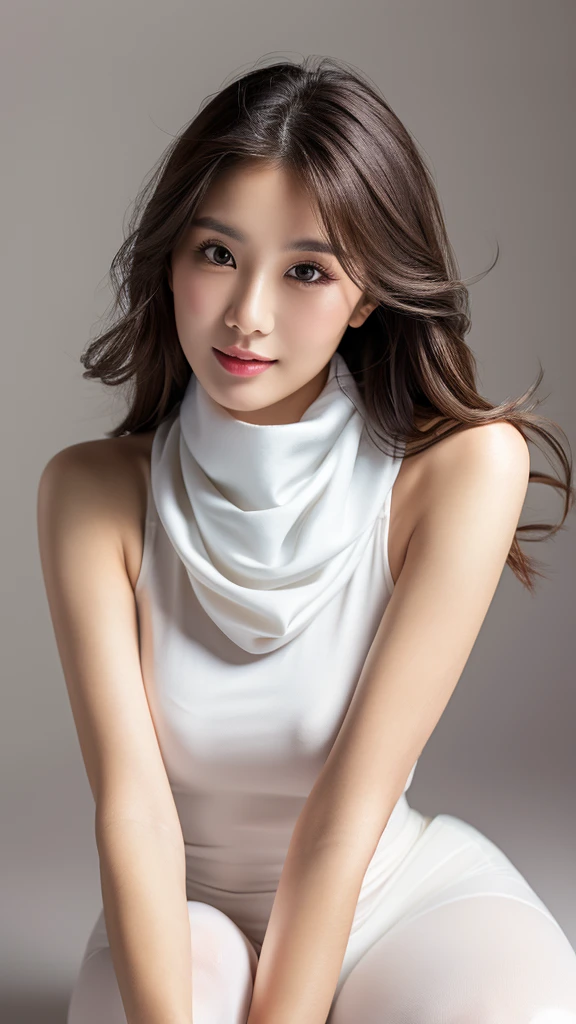 vivid,Large Breasts,(((between legs))),cute,(Detailed face),Sharp Eyes,White satin scarf,White sleeveless turtleneck fashion,Ultra-high resolution,(Photorealistic:1.7),Gray background,Black long hair,