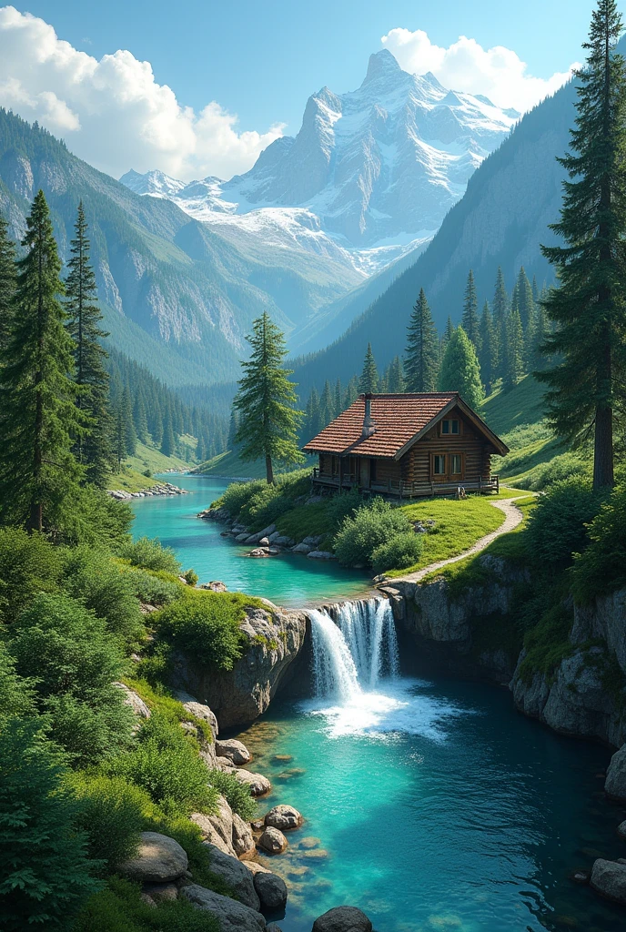 The image is an aerial view of a beautiful landscape with a small wooden cabin in the center. The cabin is made of wood and has a sloping roof, and it is surrounded by lush greenery and trees. In the center of the image, there is a small pool of turquoise water with a waterfall cascading down the rocks. The pool is located in the middle of a green valley, with a mountain in the background. The sky is blue and there are a few clouds scattered across it. The overall atmosphere is peaceful and serene.