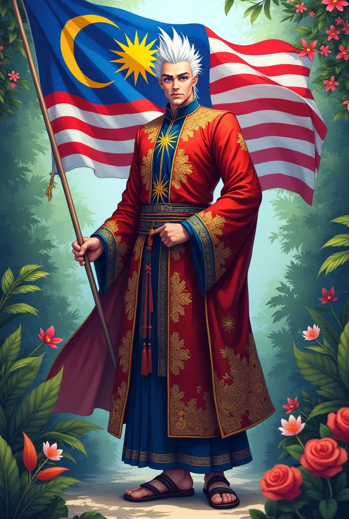 gojo with baju melayu while holding Malaysia flag and full body