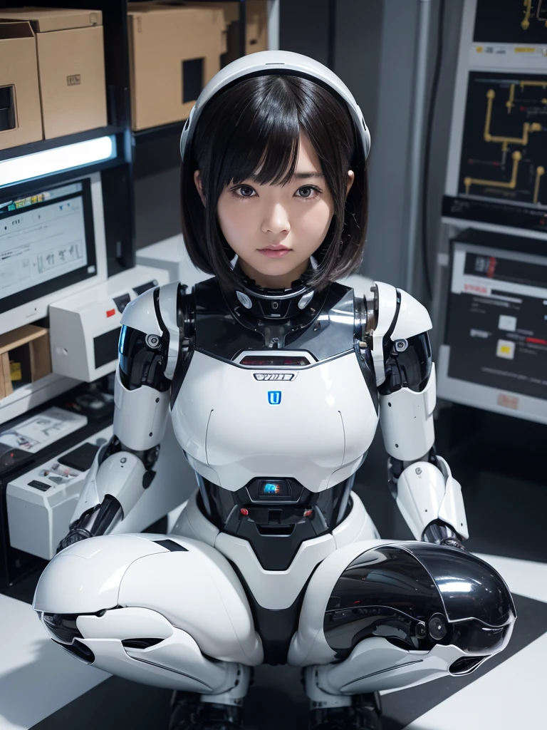 masterpiece, Highest quality, Very detailed, Japaese アンDroid girl,Portraiture,Plump,Thick,Control panel,アンDroid,Droid,Mechanical Hand, robotの腕と脚, Black Hair,Blunt bangs,perfect robot girl,Long tube,A thick cable was attached to her neck.,アンDroid,robot,humanoid,cyborg,japanese cyborg girl ,robot-assembly plant,She is now assembling,Assembly scene,Chubby,Squat