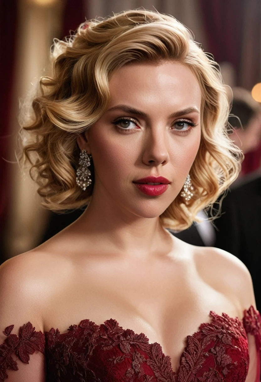 Create a realistic image of a woman resembling Scarlett Johansson, with her distinct features and blonde hair styled in soft waves. She is wearing a luxurious deep crimson wedding dress with elegant details, such as intricate lace or embroidery. The setting is an upscale wedding venue with romantic lighting, emphasizing her graceful and radiant presence.