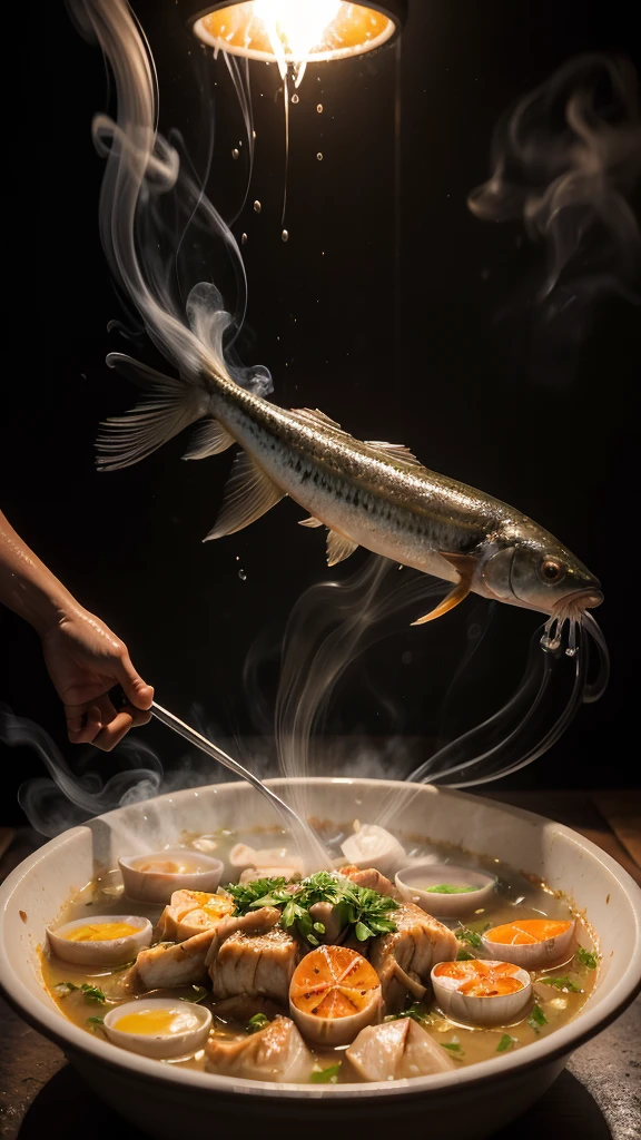 Photorealistic bubbling fish muqueca, steaming sliced ​​fish stew, detailed cooked fish, boiling hot pot, glowing water surface, steam and smoke effects, mouth-watering food, delicious Brazilian cuisine, warm atmospheric lighting, rich colors , glossy textures, dramatic lighting, high contrast, cinematic composition, professional food photography