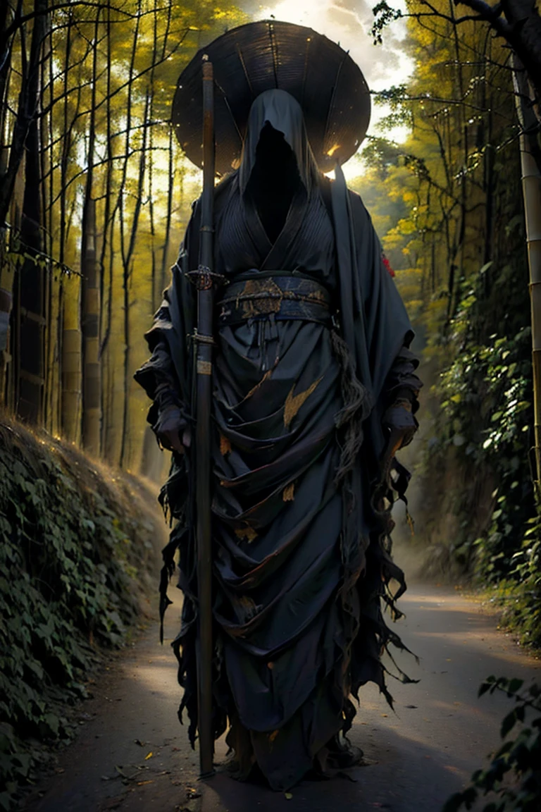 (best quality, 4k, highres, masterpiece:1.2), ultra-detailed, (realistic, photorealistic, photo-realistic:1.37), a man dressed as a samurai stands in the rain, wearing a bamboo hat (kasa) on his head. He is surrounded by a dense forest, alive with the sounds of nature. It's a moonlit night, and the darkness adds to the mysterious ambiance. The man is wearing a black kimono with neon red stripes that glow in the darkness, making him stand out in the scene. His sword (katana) is unsheathed, ready for action in the face of imminent disasters.