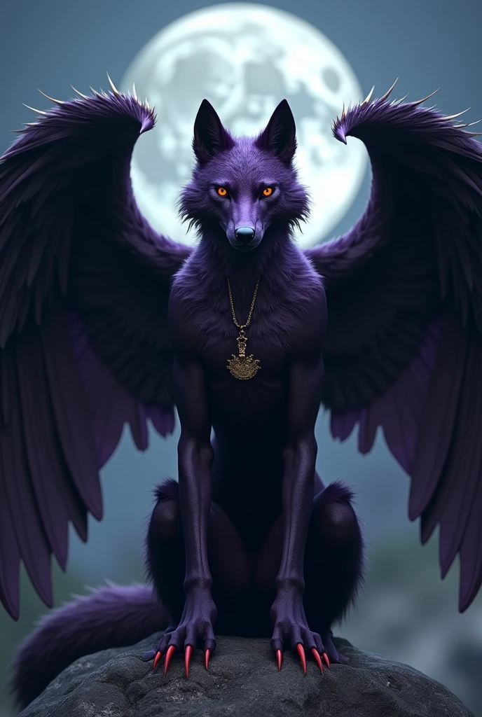 Mysterious wolf-like face，Bipedal，Covered in dark purple skin，Crescent necklace on chest，Large black wings with gold tips，Has limbs with sharp red claws，Red eyes，It exudes a mysterious, otherworldly presence.，Its overall posture is intimidating yet protective.，The mysterious and powerful nature of this creature is emphasized as the focal point of the image.,背景はfull moonの夜,A mysterious dark atmosphere, Haute Couture Illusion，full moon,Moonlit Night，Medium shot scenes，Like the whole body， Highly detailed surreal VFX，OC Rendering，Shot with a 70mm AR16:9 --q 2 --s 1000