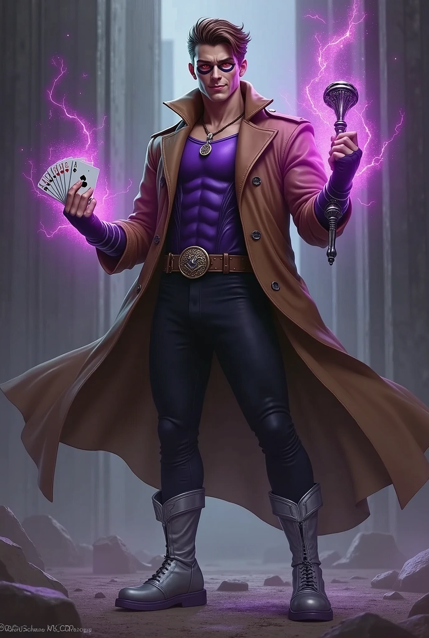 Gambit, white man, thirty-year-old, brown hair, handsome, shaved, black sclera, red pupils, smirking, full body, strong, brown trenchcoat, purple chestplate, tight black spandex pants, belt, silver high boots, metallic staff on right hand, cards on left hand, knee pads, standing, aura, glowing hands, purple-magenta aura,
