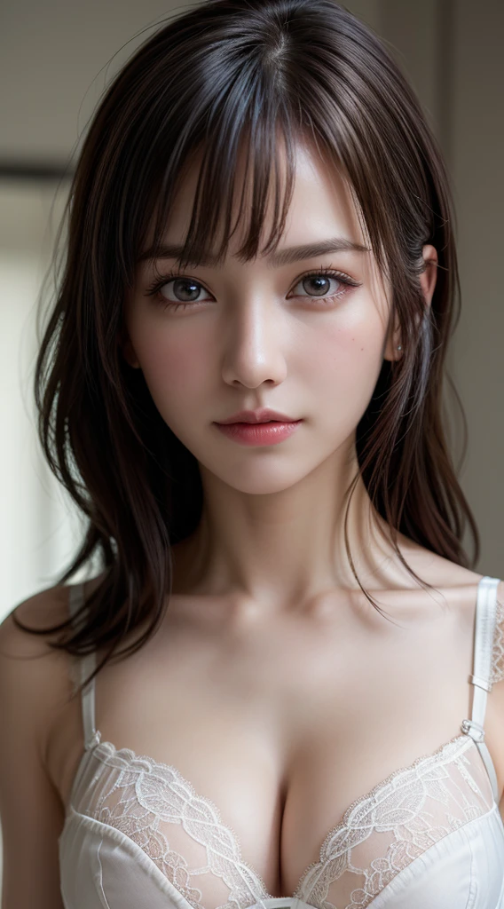(Highest quality:1.4), (super high quality:1.2), RAW Photos, (Realistic, Photorealistic:1.37), Professional photography, Cinematic Light, One person, alone, So beautiful, very cute, Great face and eyes, ((A cute, sheer lace bra)), Large Breasts, Simple Background,