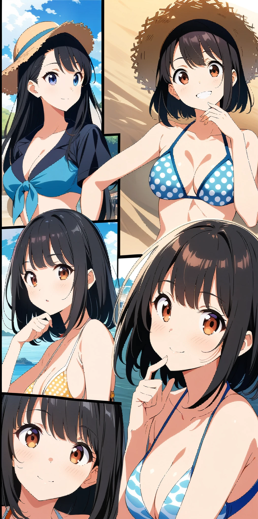 1 girl, , black hair, short hair, long hair, cute face, brown eyes, ((curvy)), (medium breasts), ((Straw hat)), ((white polka dot bikini)), ((pretty bikini)), ((light smile)), ((Close your mouth)), multiple angle, many pose, (looking at another), (beautiful beachside), ((32k)), ((best quality)), ((ultra high res)), ((HDR)), ((UHD)), ((extremely detailed CG)), ((unity 32k wallpaper)), ((perfect anatomy)), (((illustration))), ((((anime colored)))),  