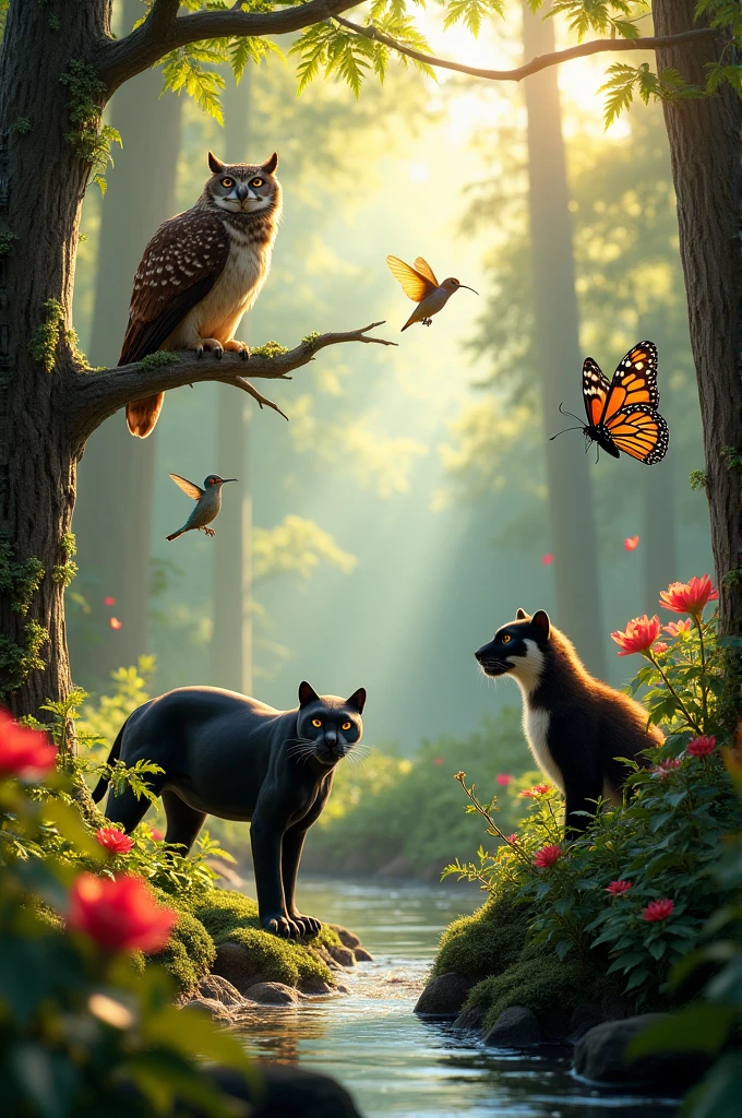 Sunny Forest Eagle Owl, Black Panther, monarch butterfly, hummingbird pecking at flower, American Badger