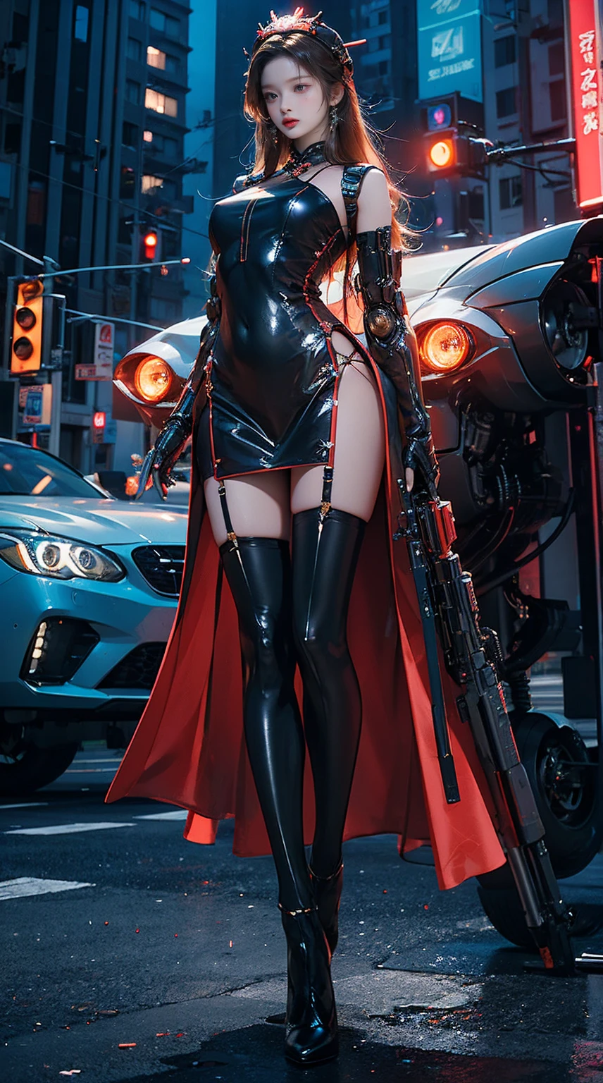 Masterpiece, best quality, high resolution, one woman, from below, very thin and straight legs, very long legs, straight legs, high heels, long legs, perfect body with perfect legs, front view showing long legs, perfect body, exterior, telegraph slang, dynamic pose, exquisite eyes, brown eyes, eye shadow, wearing makeup, long blonde hair, detailed face, detailed eyes, looking at viewer, blusher (wearing makeup), plump lips, red lips, long gray hair (1.3), mechanically static, summon mech, headdress (1.1), headgear, dressed like a student in , black lace stockings, stocking suspenders, city, luminous winding, with a gun in hand, weapon, completely mechanical and futuristic elements, technology, background is modern New York City streets with cars passing by, sky, slim (1.2), dramatic lighting, vivid details.
