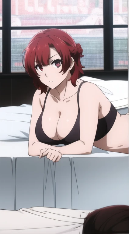 ((masterpiece)), ((best quality)), anriteieri, 1girl, breasts, short_hair, red_hair, red_eyes, solo_focus, indoors, medium_breasts, bikini, bed, laying