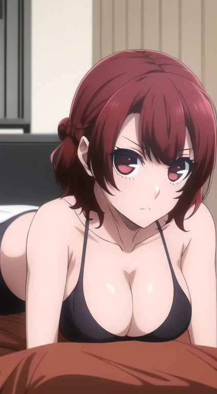 ((masterpiece)), ((best quality)), anriteieri, 1girl, breasts, short_hair, red_hair, red_eyes, solo_focus, indoors, medium_breasts, bikini, bed, laying