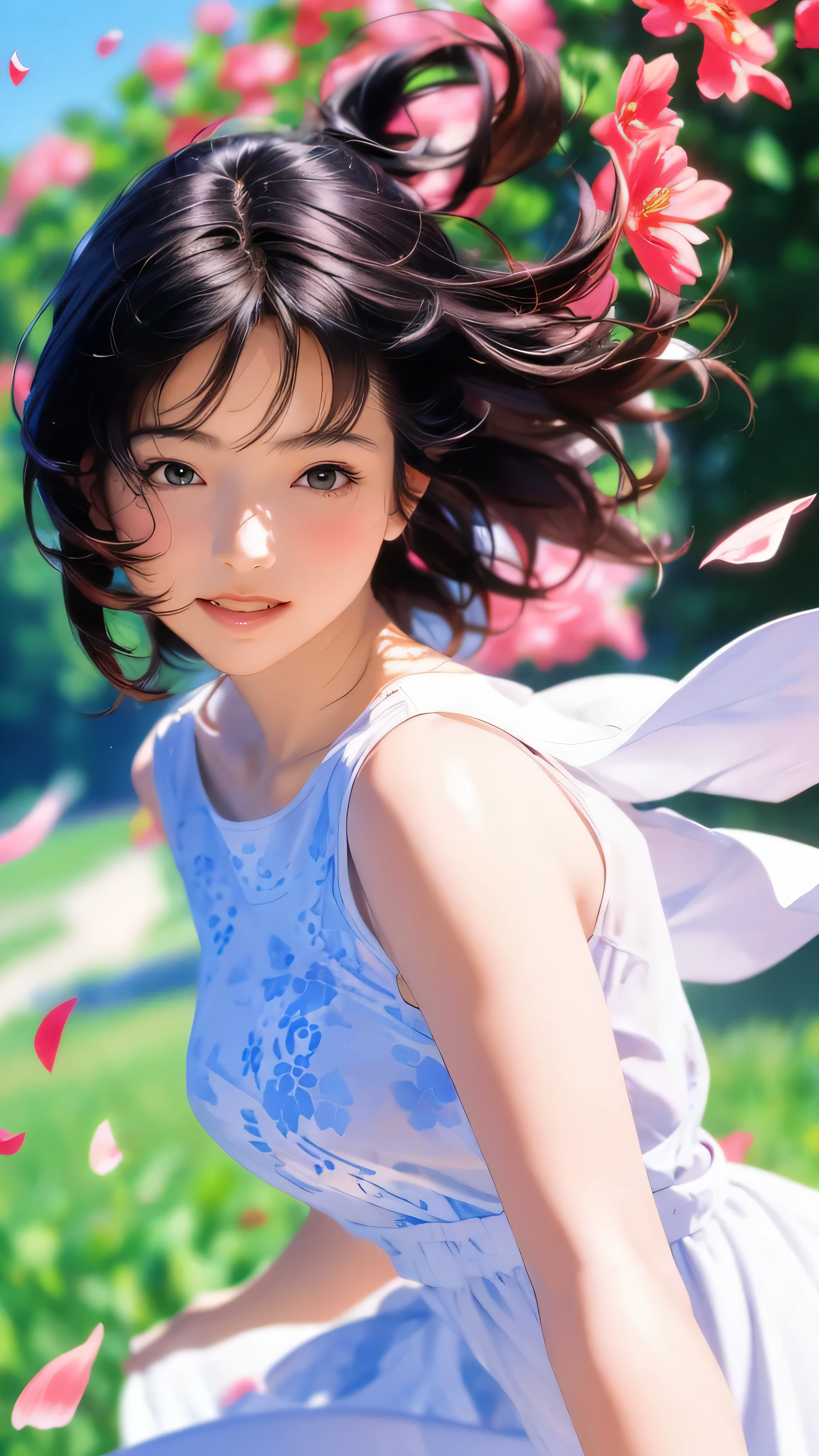 Official Art, wallpaper, Very detailed, (((Very detailed))), Realistic portraits, (high quality, masterpiece, High resolution) , 8k ウルトラHD, high quality, There are women, Surrounded by colorful flowers, Flower Field, Woman portrait, Beautiful young dark-haired woman, Fantastic and dreamy, 4K, 8k, smile, dynamic, Anatomically correct, The wind is blowing, Dancing petals, horizon, dance, Bouncing, Dress, Europe, grassland, Open Field, Low - Angle, White clothes