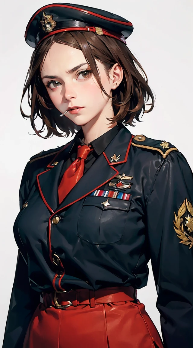spiky bald hairstyle, short hair, mexican skin, gloves, uniform military, 1girl ,dark black hair, ((hair cut super short,)), soft Brown eyes, smile lips,
