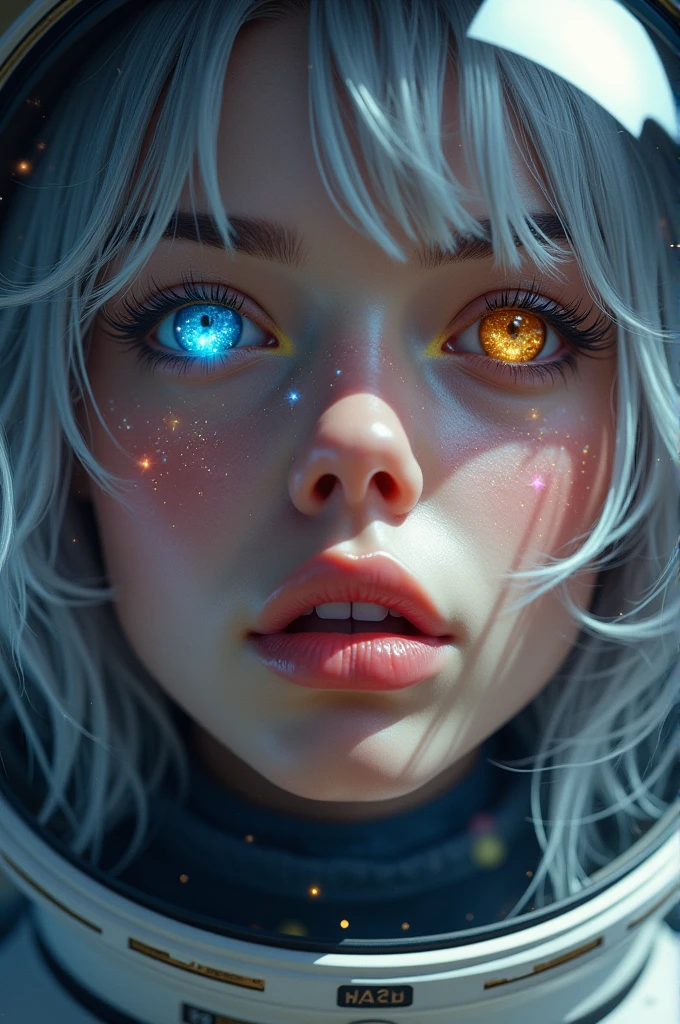 (Close-up of a better masterpiece:1.5)0.9], (Space and astronauts:1.2) (Messy silver hair:1.1) (Heterochromia xanthochromia and blue eyes:1.2) (Space Helmet:1.0) (Colored stars in the eyes:1.0) (A radiant glow:1.1) (thick lips:0.9)