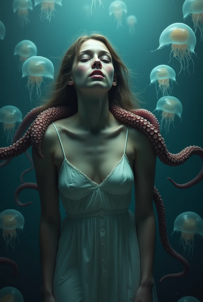 Cute girl attacked by many big tenticles grabbing her, sexy, breeding