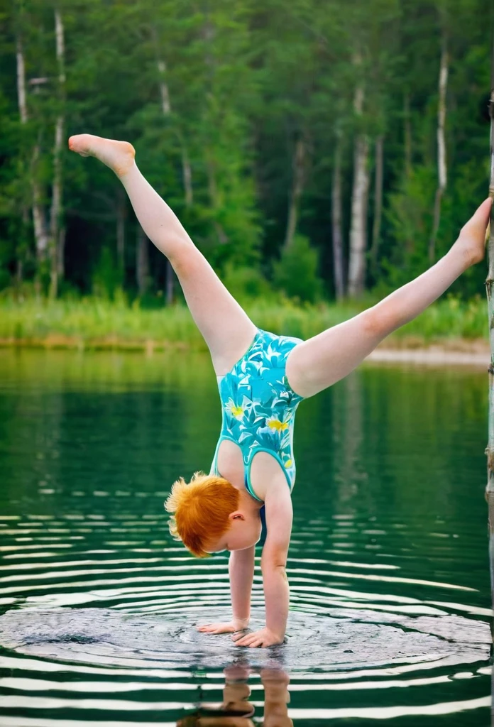 Happy skinny ginger-sweden youngs kids with short ginger hair, dressed in a light short and brassière de sport, happy to show hers, on a scorching summer day, in the lagoon do a handstand longer together 