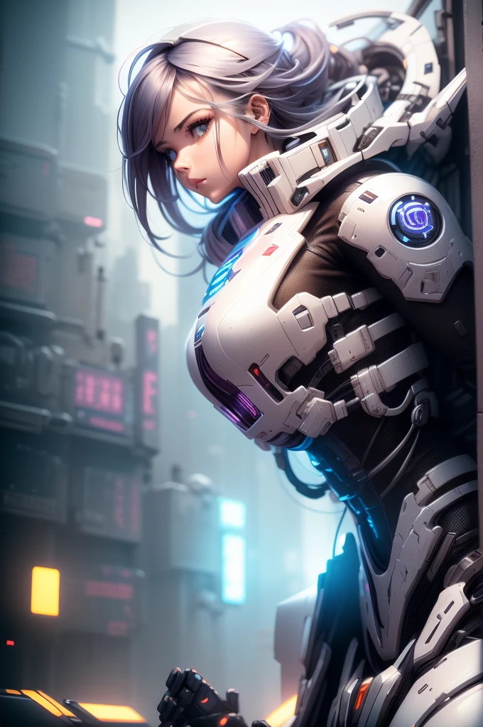 A girl,Wearing a white mech,Floating above the city,Background is the ruins of the city,Cyberpunk style