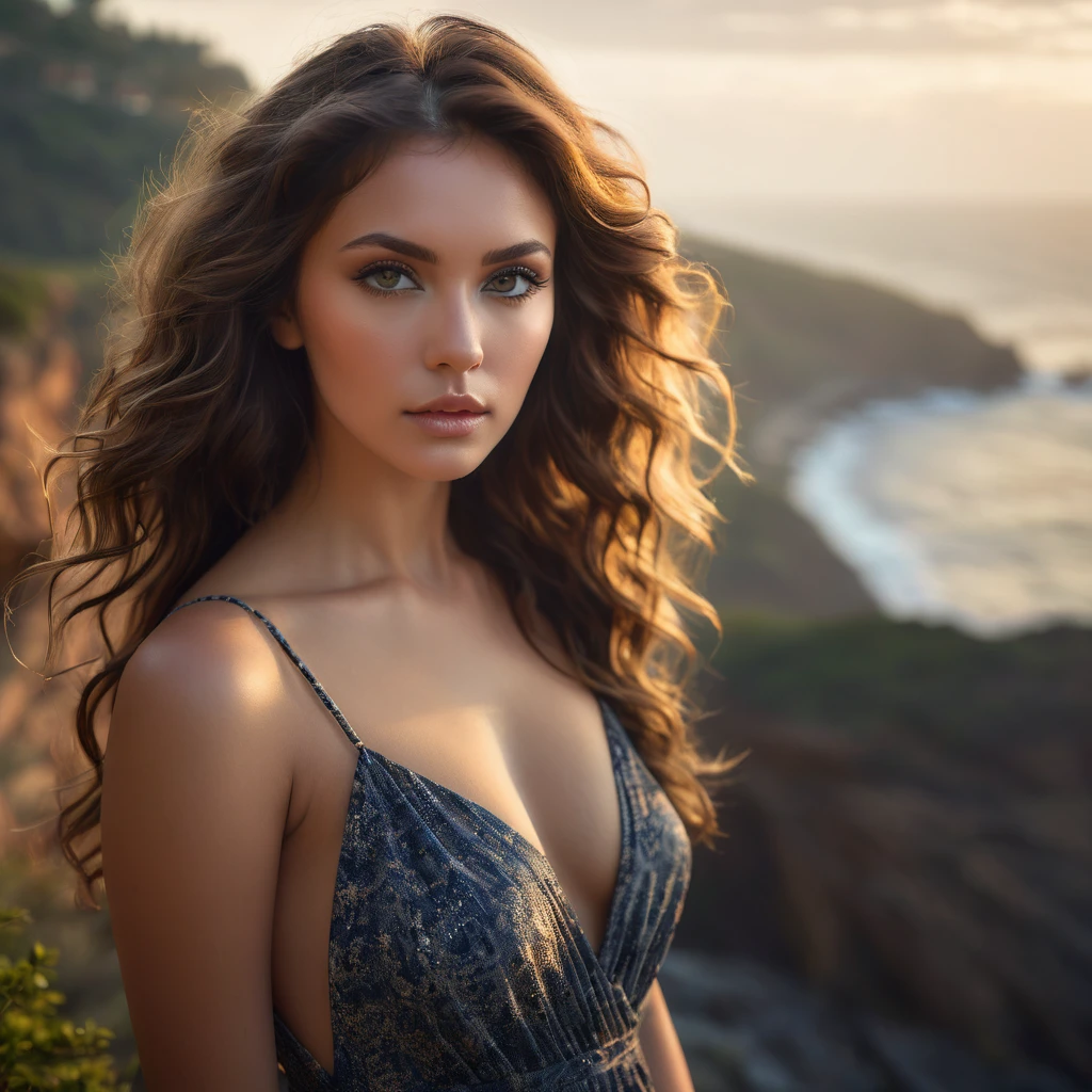 (sharp focus:1.2), photo, attractive young woman, (beautiful face:1.1), detailed eyes, luscious lips, (smokey eye makeup:0.85), (medium breasts:1.0), (athletic body:1.2), (wavy hair:1.2), wearing (maxi dress:1.2) on a (cliffside:1.2). (moody lighting:1.2), depth of field, bokeh, 4K, HDR. by (James C. Christensen:1.2|Jeremy Lipking:1.1).