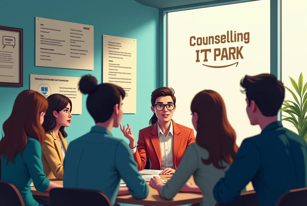 "Dreams IT Park Counseling Center has big writing next to the window.
“Let's have any advice related to freelancing”
An expert giving freelancing related advice and working to solve his problems. There are motivational posters in different parts of the office. Many others are sitting in the office waiting for advice.