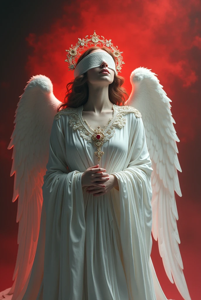 a suffering angel with blindfold, extremely detailed, Polish color scheme of white and red, photorealistic, intricate, baroque, dramatic lighting, melancholic, divine beauty, celestial, heavenly, ethereal, transcendent, mystical, divine intervention, ominous, harrowing, sorrowful, forlorn, exquisite, masterpiece, best quality, 8k, hyperrealistic, cinematic