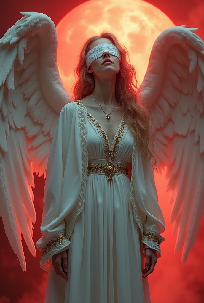 a suffering angel with blindfold, extremely detailed, Polish color scheme of white and red, photorealistic, intricate, baroque, dramatic lighting, melancholic, divine beauty, celestial, heavenly, ethereal, transcendent, mystical, divine intervention, ominous, harrowing, sorrowful, forlorn, exquisite, masterpiece, best quality, 8k, hyperrealistic, cinematic