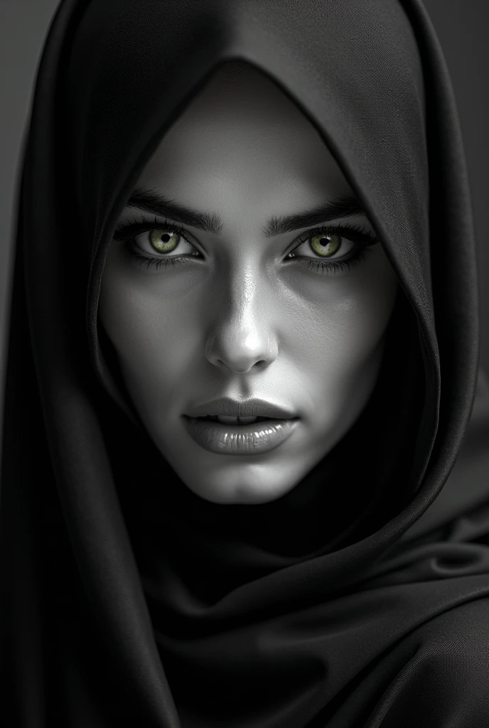 A mesmerizing close-up portrait of a woman’s face, with her captivating eyes taking center stage. Her eyes, framed by her hijab, exude a sense of mystery and elegance. Monochromatic tones and flowing, textured skin texture adds depth and contrast, while detailed makeup and bold dark eyeliner highlight her green eyes and striking features. Silky fabric artfully wraps around her face, partially covering her forehead and lower face, drawing the viewer into the enigmatic composition. Soft lighting highlights subtle textures and reflective shine, creating a sophisticated and seductive look that transcends time and captures the imagination.