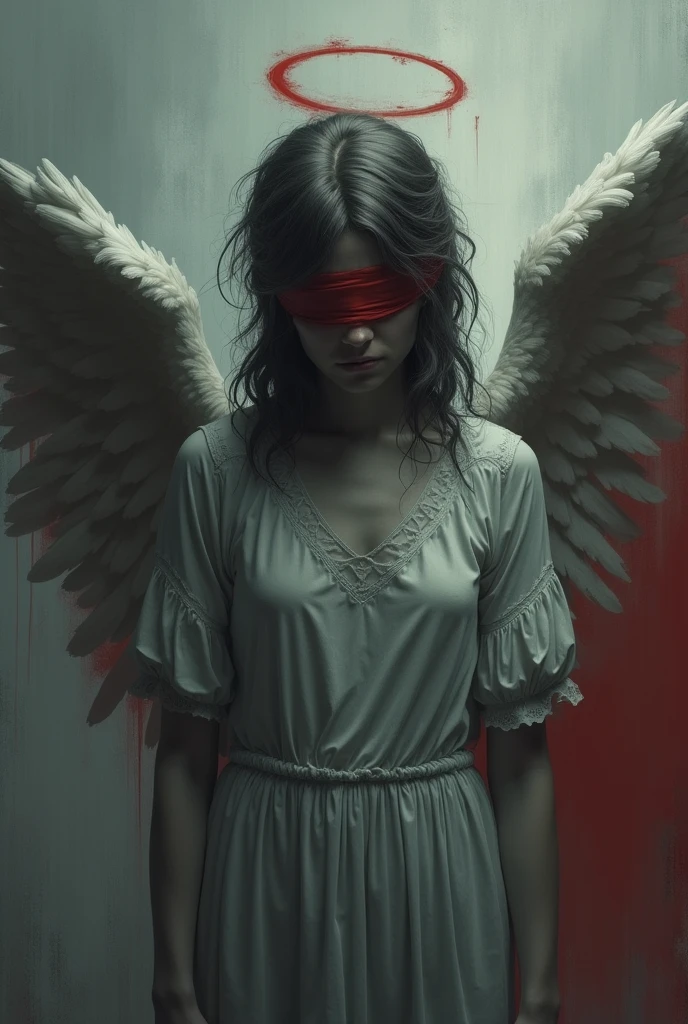 a picture of a suffering angel With blindfolded. , gloomyly detalized, in the background Polish colors white - red, photorealistic