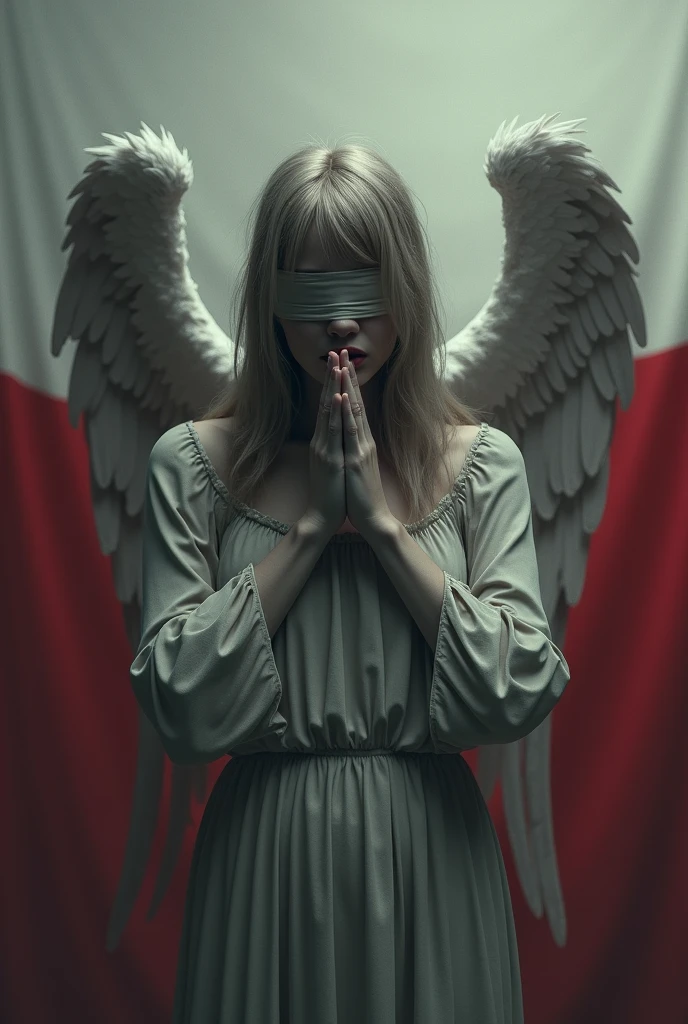 a picture of a suffering angel With blindfolded. , gloomyly detalized, in the background Polish colors white - red, photorealistic