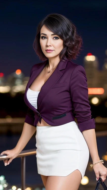 (masterpiece:1.2, Highest quality), Beautiful mature woman with a beautiful face，((45-year-old woman，ベテランflight attendant)), ((White blazer 1.4)), ((Red tight mini skirt 1.4)，((Sweaty 1.5))，((Glowing Skin 1.3))，((Purple short hair 1.8))，((Accentuate the cleavage))，flight attendant, (Thighs), Perfect hands, (((Night downtown background))), , Providing safety instructions, Responding to emergencies, bangs,