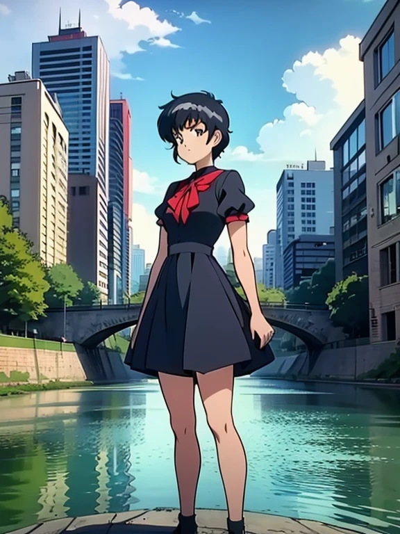 One person,前hair,black_hair,green_null,bridge,building,city,city,cityscape,cloud,Day,dress,Looking_in_Audience,Outdoor,red_Neckwear,red_ribbon,ribbon,river,short_hair,short_sleeve,null,nullscraper,一人in,Are standing,town,winer,(masterpiece,anime,newest,new,Exceptional:1.2),