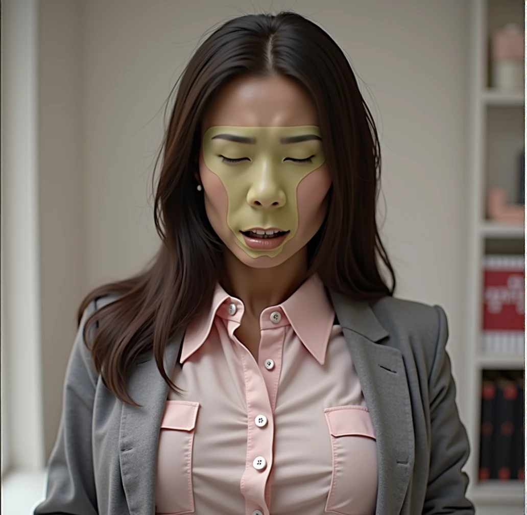 beautiful evil asian woman, black eye makeup, grey office jacket, fully buttoned pink collared button blouse, long black hair, big breasts, mouth open, clenching her teeth in pain, very tense, perfect teeth