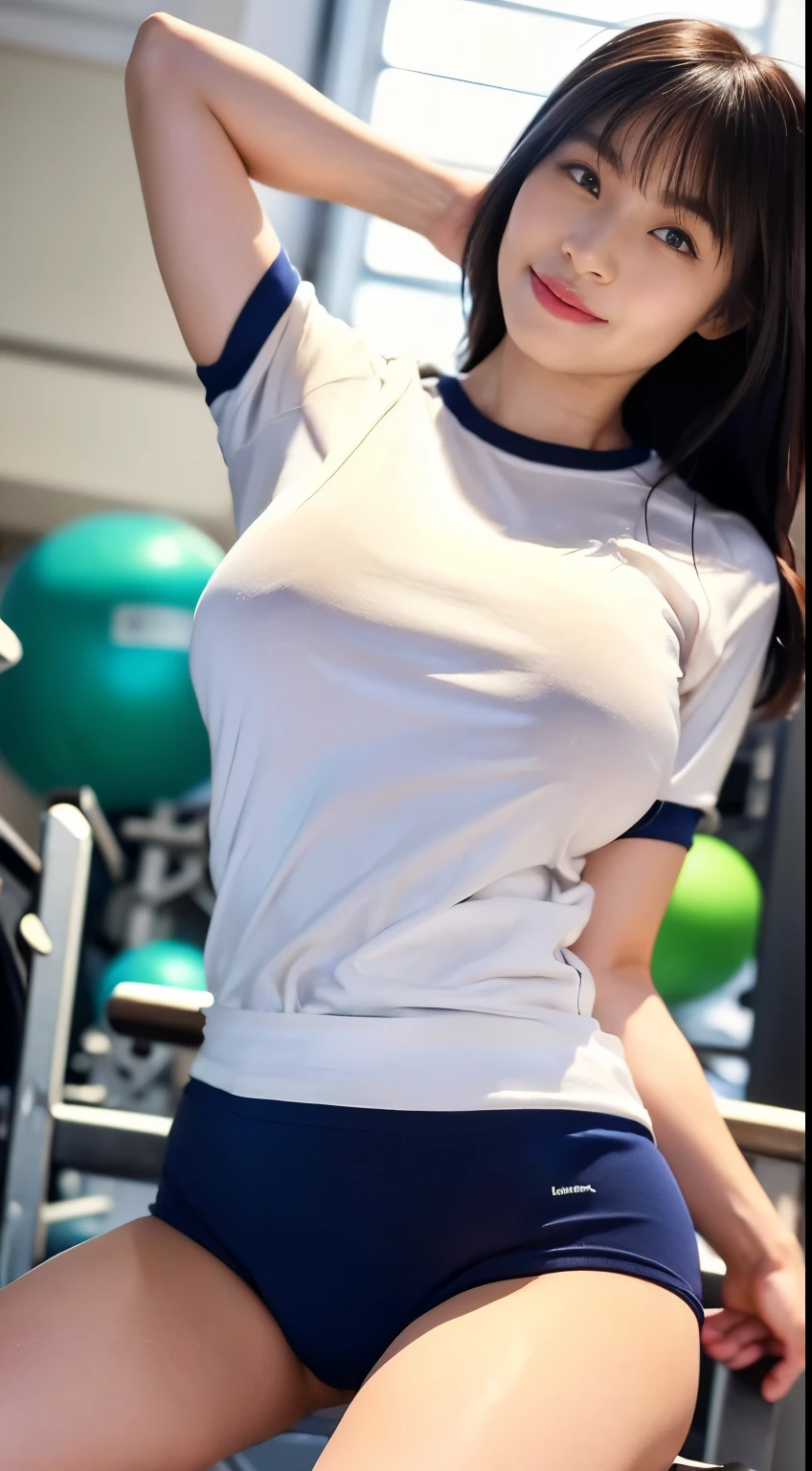 alone、high school girl、White skin、Natural Makeup、Black Hair、bangs、Straight Long Hair、(((White short-sleeved T-shirt on the upper body)))、(((Long white gym clothes)))、(((Very tight bloomers)))、(((Mid rise bloomers)))、(((Navy Bloomers)))、(((Tuck the bottom of your gym clothes into your bloomers)))、((Big Breasts))、Big Ass、(((Schoolyard)))、(((Realistic fingers)))、(((Realistic style)))、((Perfect figure))、(((upright)))