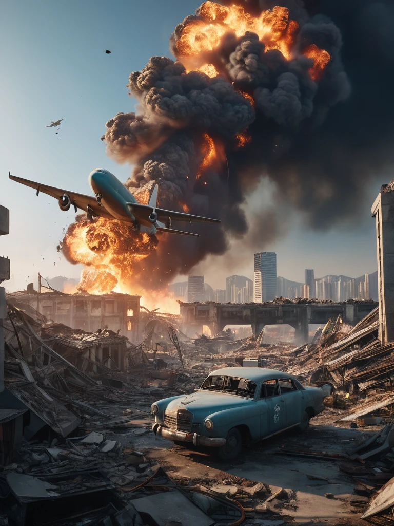 masterpiece, best quality, high quality, extremely detailed CG Unity 8k wallpaper, cinematic lighting, Seoul in ruins due to world war in 2030, (destroyed airplane: 1.3), South Korea, airport, (fire, smoke), (after nuclear war: 1.2), sci-fi, anamorphic lens flare, shallow depth of field