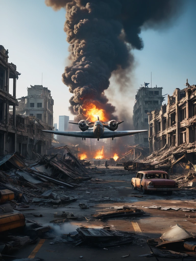 masterpiece, best quality, high quality, extremely detailed CG Unity 8k wallpaper, cinematic lighting, Seoul in ruins due to world war in 2030, (destroyed airplane: 1.3), South Korea, airport, (fire, smoke), (after nuclear war: 1.2), sci-fi, anamorphic lens flare, shallow depth of field