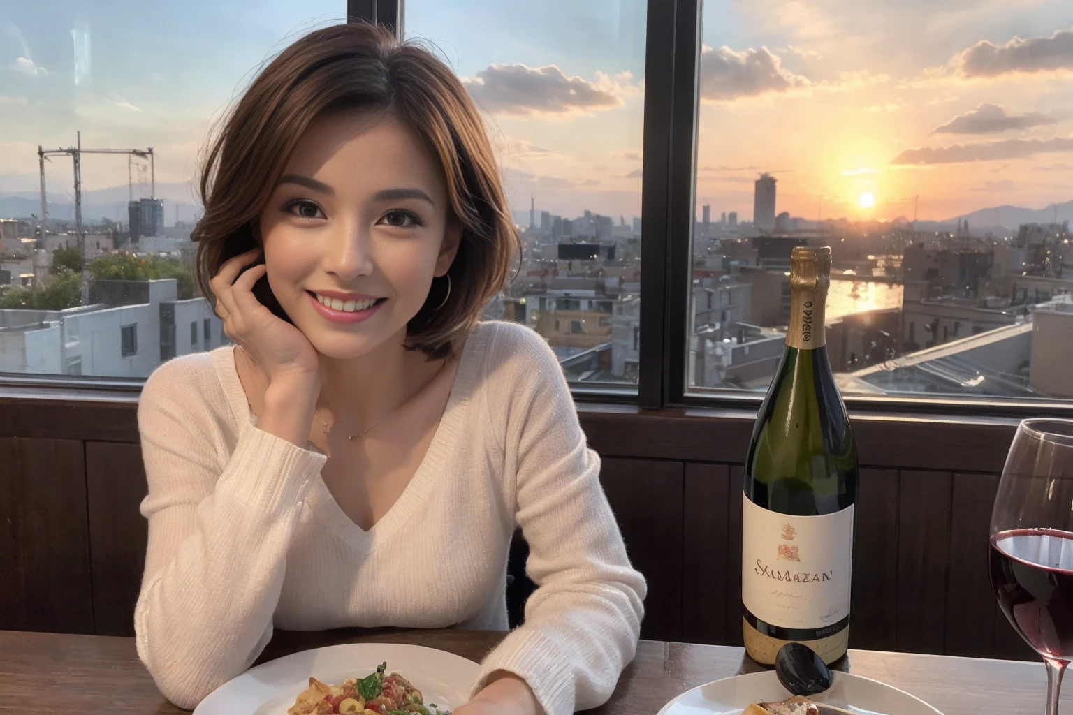 （Realistic:1.1）,(masterpiece,Highest quality)，8k,(49 years old), 53 years old, ベリーslimボディ、slimカップル、Tight waist,Upper Body,full-course dinner、wine 、Amazing view of the sunset sky and clouds、Perfect Anatomy, Brown Hair, short hair,Random Hairstyles,((Highly detailed face and eyes:1.2))，Perfect golden ratio face，Long sleeve shirt、dress,(smile:1.2)、Shortcuts、cute、(Realistic, Intricate details:1.2), A bright smile、short hair,Bright Face、赤wine 、Appetizers、Italian food、wine bottle、Champagne、スパークリングwine、(slimな顔), (The body is slim), (Brown Hair), (Shortcuts),  Upper Body, 白wine, slim, wineグラス, 