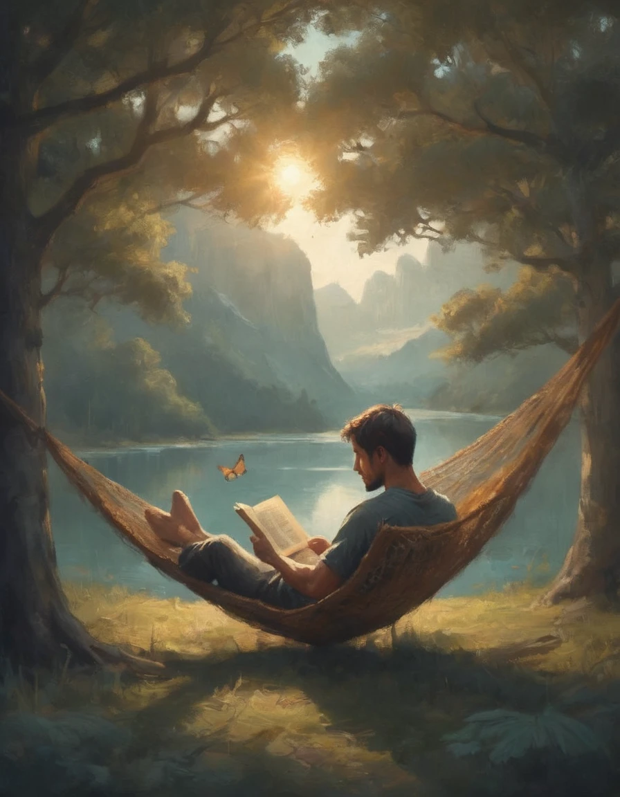 Hyperreal digital art style, "Fairytale", fantasy world coming out of centered book, open book, hyperdetailed double exposure fantasy illustration, masterpiece, cinematic, by Andreas Lie, Luke Gram, photorealism, backlit, gorgeous light, a man from behind resting in a hammock reading a book
