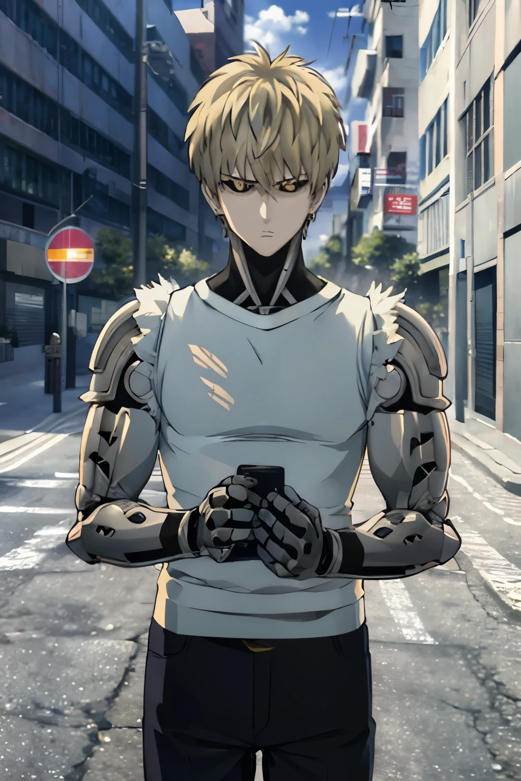 Genos from the one punch man series, He is facing out on the streets. (His face expresses great concern ) His hands are above his head showing concern.