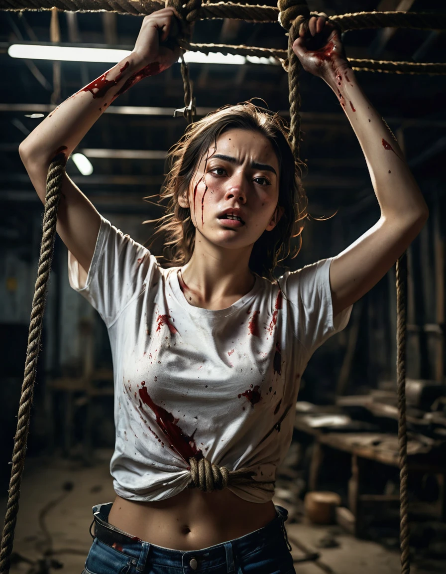 A 25-year-old girl, her two hands tied by a single rope, her hands above head, the rope is suspended from the ceiling in a dimly lit storehouse filled with tools and old machinery, her legs dangling just above the ground, wearing a white t-shirt and jeans, her body is covered with injuries and blood from the torture she endured by her captors, painful expression on her face, tense atmosphere, gritty realism, high detail, dramatic cinematic lighting, masterful composition, cinematic framing, professional quality.
