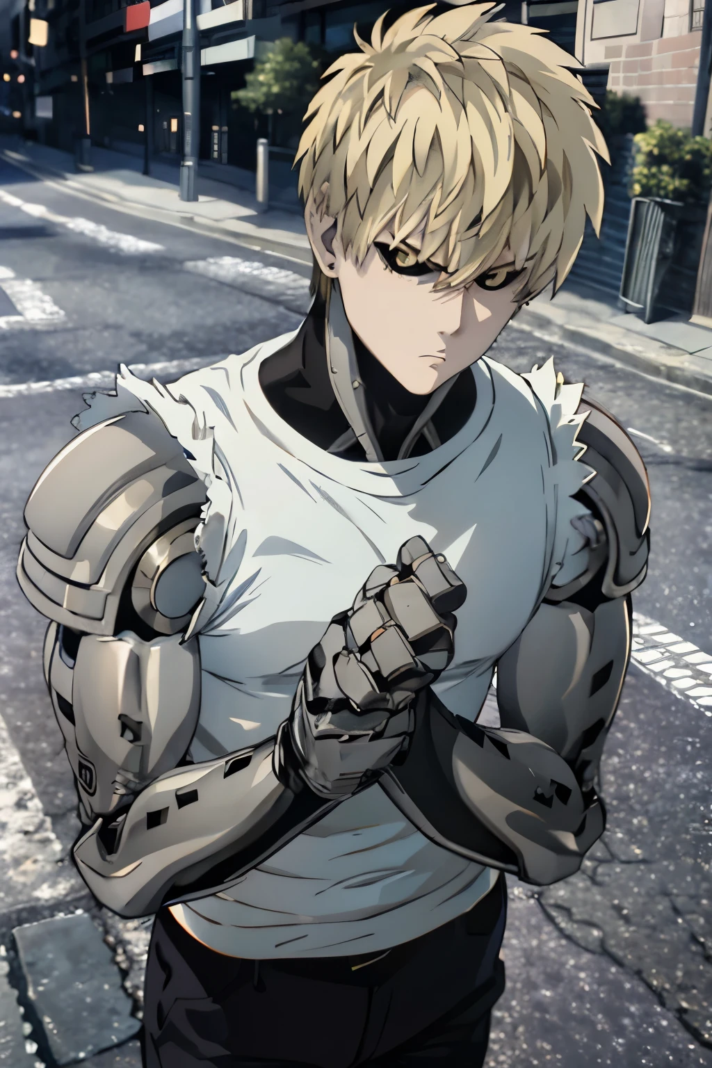 Genos from the one punch man series, He is facing out on the streets. (His face expresses great concern ) His hands are above his head showing concern.