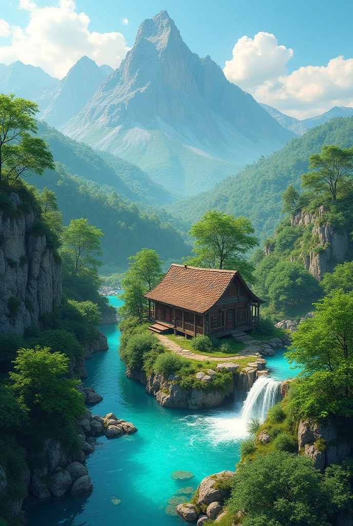 The image is an aerial view of a beautiful landscape with a small wooden cabin in the center. The cabin is made of wood and has a sloping roof, and it is surrounded by lush greenery and trees. In the center of the image, there is a small pool of turquoise water with a waterfall cascading down the rocks. The pool is located in the middle of a green valley, with a mountain in the background. The sky is blue and there are a few clouds scattered across it. The overall atmosphere is peaceful and serene.
