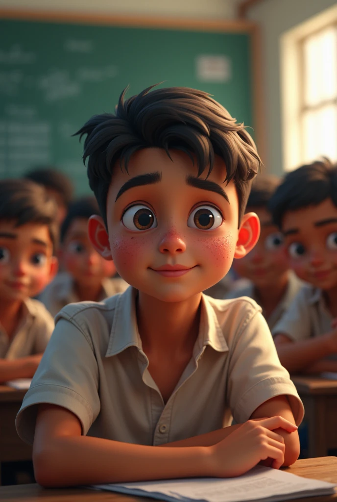 A teen boy with lots of pimples on his face sitting in a class room with a lot of students in kerala