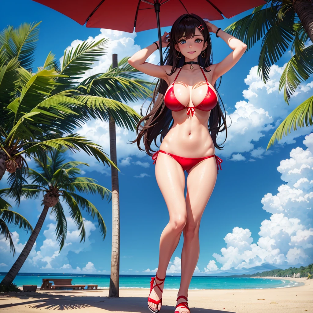 A beautiful girl in a red bikini with a plate of fruit, anime girl, red ruffled bikini, beach, sun, sand, sea, beautiful sky, chopped fruit, coconut tree, beach hat, sandals, crabs and dolphins, big round breasts, dark brown hair, long bangs, braided ponytail, long hair, wavy hair, shiny hair, hairclip, ribbon, sunglasses, anchor choker, aqua eyes, glowing eyes, earrings, blush, tongue, smiley, glossy lips, upper teeth, slim waist, beautiful legs, detailed body, full body, high detail, anime, anime style, depth of field, cinematic lighting, dithering, image fill, multiple views, from above, from below, from behind, from side, perspective, lens flare, Wide-Angle, f/1.8, 85mm, Sony FE GM, 8k, super detail, UHD, retina, masterpiece, accurate, anatomically correct, textured skin, high details, best quality, highres, 16k