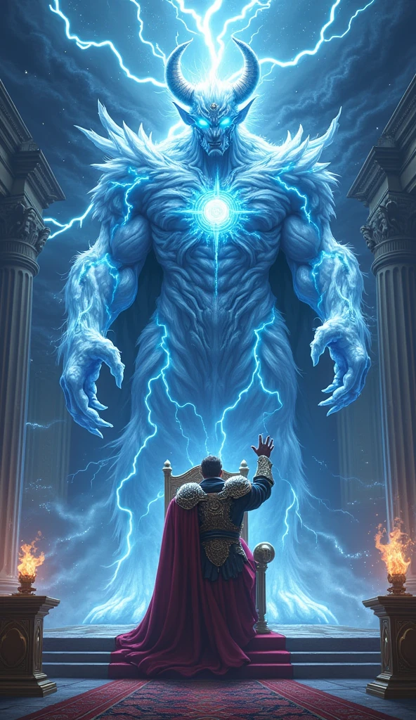 In the heart of the Storm Kingdom’s throne room, Xander, the Thunder King stands tall and imposing on his grand throne. His regal armor, adorned with crackling lightning motifs, pulses with raw, untamed power. His eyes burn with a cold, electric fury as he raises his hand to summon his ultimate guardian. With a cruel smile, Xander calls forth the Lightning Demon, a creature of pure elemental force.

In an explosive burst of energy, the Lightning Demon materializes before him. Towering and fearsome, its body is a swirling mass of storm clouds and lightning, with arcs of electricity dancing across its form. Its eyes are glowing orbs of white-hot energy, and from its , a massive gem radiates an intense, pulsing light—the source of its formidable power. The air around the demon crackles with electric tension, and every movement it makes sends bolts of lightning streaking across the room.

Xander watches with satisfaction as the Lightning Demon stands ready to annihilate any who dare challenge him. The throne room, once grand and majestic, now feels oppressive under the sheer weight of the elemental power contained within. The storm outside rages in response to the demon’s presence, with lightning striking the castle’s spires in a chaotic symphony.

The scene captures the overwhelming might of the Thunder King and his terrifying servant, the Lightning Demon, as they prepare to unleash their wrath on those who dare to oppose them.

