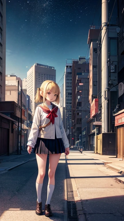 Katsuhiro Otomo, Katie Risor, Avogado6, Patricia Polacco, Erin E. Stead, Surrealism, wonder, strange, fantastical, fantasy, sci-fi, Japanese anime, a beautiful blonde miniskirt girl Alice enjoying a game of hopscotch in the middle of the night, perfect voluminous body, a deserted city, detailed masterpiece