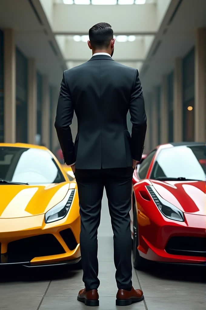 A man standing in front of lamborgini and Ferrari and on his bask written was AYAAN 311