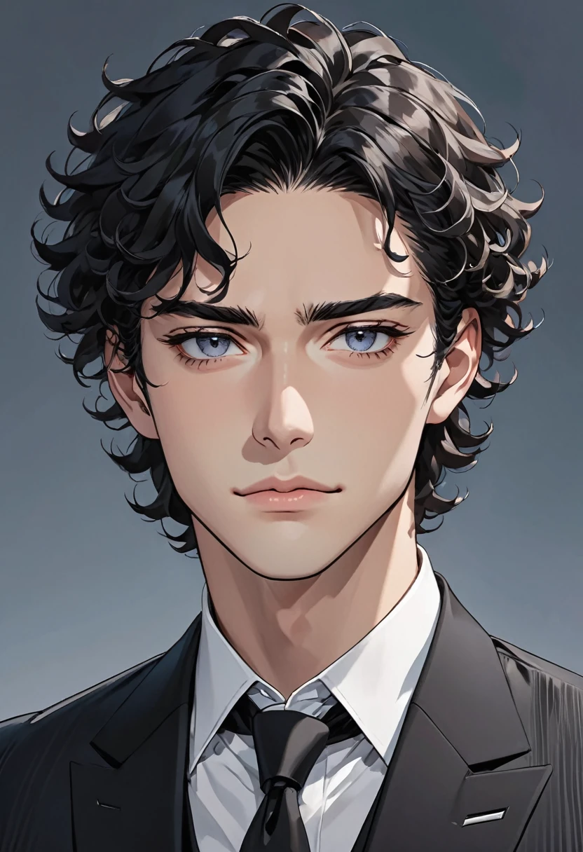 ( anime style) a young man with jet-black curly hair, black narrow eyes, bony cheeks, and a strong jawline, wearing a suit, cold and indifferent